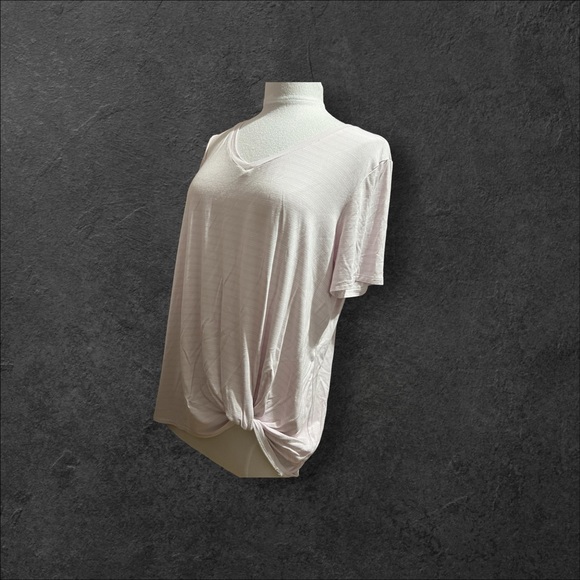 Matty M Ladies' very pale, violet and white stripe V-Neck Twist Front Tee. - Picture 6 of 10